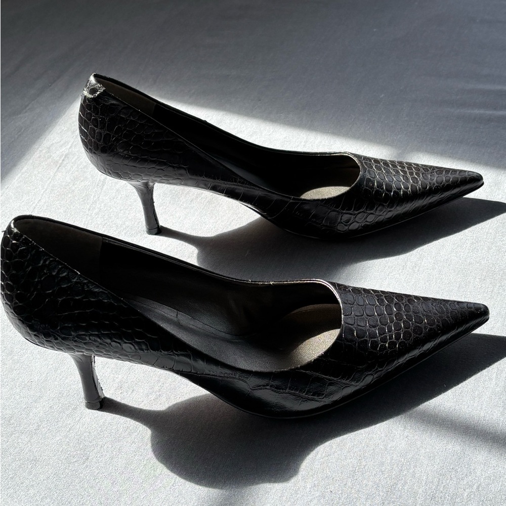 Nine West Black Faux Croc Pointed-Toe Pumps